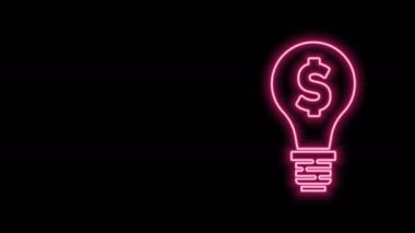 Siyah arkaplanda dolar sembolü olan parlak neon hattı ampulü. Para fikir üretir. Fintech yenilik konsepti. 4K Video hareketli grafik canlandırması
