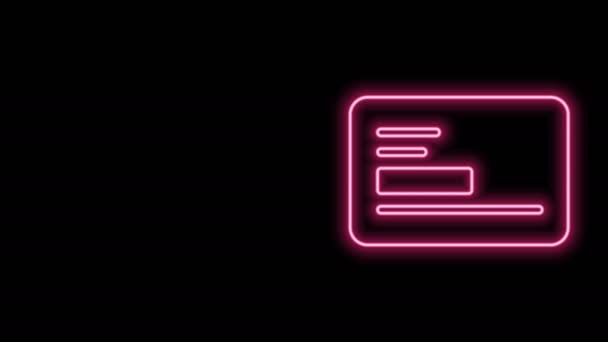 Ragyogó neon vonal Látogatókártya, névjegykártya ikon elszigetelt fekete alapon. Vállalati azonosító sablon. 4K Videó mozgás grafikus animáció