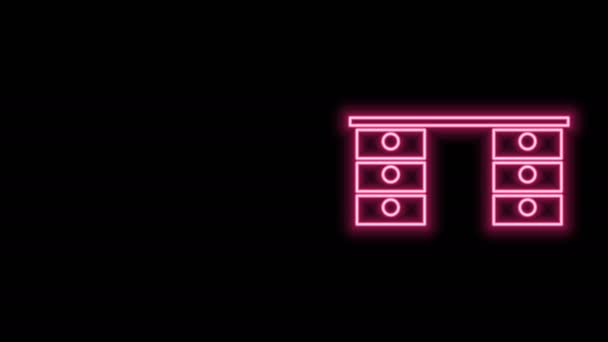 Glödande neon line Office skrivbord ikon isolerad på svart bakgrund. 4K Video motion grafisk animation — Stockvideo