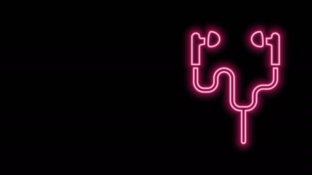 Gloeiende neon lijn Air hoofdtelefoon pictogram geïsoleerd op zwarte achtergrond. Houder draadloos in het geval oortelefoons garniture elektronische gadget. 4K Video motion grafische animatie — Stockvideo