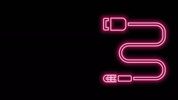Linea neon luminosa Icona jack audio isolata su sfondo nero. Cavo audio per il collegamento di apparecchiature audio. Filo elettrico. Strumento musicale. Animazione grafica 4K Video motion — Video Stock