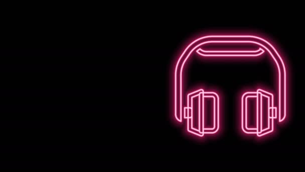 Glödande neon line Hörlurar ikonen isolerad på svart bakgrund. Hörlurar. Koncept för att lyssna på musik, service, kommunikation och operatör. 4K Video motion grafisk animation — Stockvideo