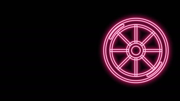Zářící neonová čára Ikona kola jízdního kola izolovaná na černém pozadí. Závod na kole. Extrémní sport. Sportovní vybavení. Grafická animace pohybu videa 4K — Stock video