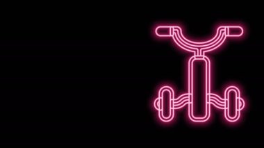 Siyah arka planda izole edilmiş çocuk simgesi için parlayan neon hat bisikleti. 4K Video hareketli grafik canlandırması