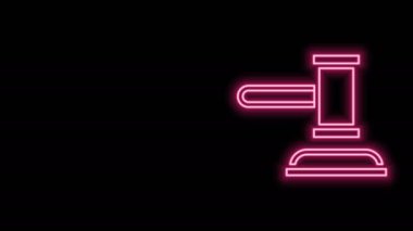 Parlayan neon hattı Yargıç Gavin ikonu siyah arka planda izole edildi. Gavel cezaların, faturaların, mahkemenin, adaletin hükmünü verecek. Açık arttırma çekici. 4K Video hareketli grafik canlandırması