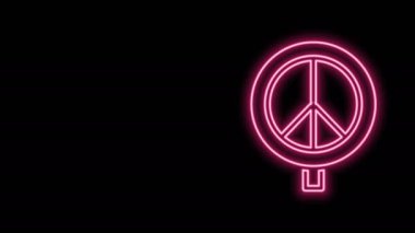 Parlayan neon hattı barış simgesi siyah arkaplanda izole edildi. Hippi barış sembolü. 4K Video hareketli grafik canlandırması