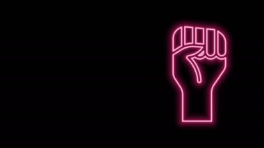 Parlak neon çizgisi siyah arka planda izole edilmiş sıkılmış yumruk simgesi ile yükseltilmiş el. Protestocu siyasi bir gösteride yumruğunu kaldırdı. Güçlendirme. 4K Video hareketli grafik canlandırması