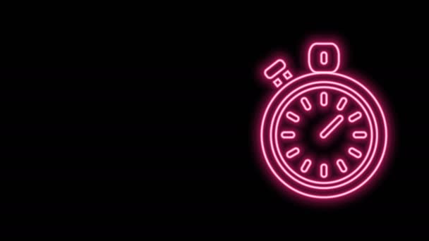 Gloeiende neon lijn Stopwatch pictogram geïsoleerd op zwarte achtergrond. Tijdklok teken. Chronometerteken. 4K Video motion grafische animatie — Stockvideo