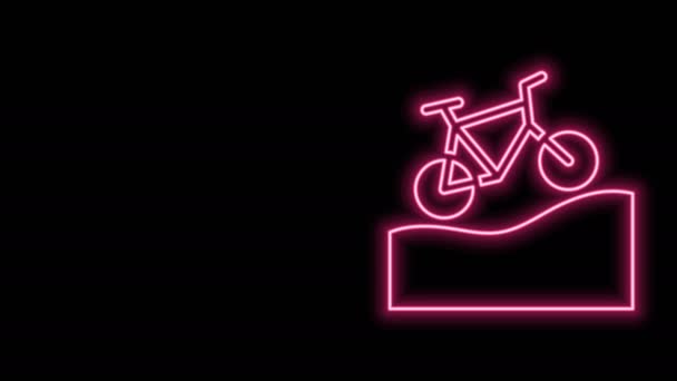 Zářící neonová čára Ikona horského kola izolovaná na černém pozadí. Závod na kole. Extrémní sport. Sportovní vybavení. Grafická animace pohybu videa 4K — Stock video