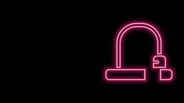 Žhnoucí neonová čára Bicycle lock U ve tvaru průmyslové ikony izolované na černém pozadí. Grafická animace pohybu videa 4K — Stock video