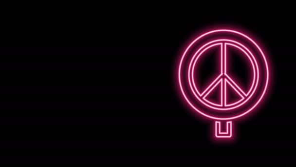 Brillante línea de neón Icono de paz aislado sobre fondo negro. Símbolo hippie de paz. Animación gráfica de vídeo 4K — Vídeos de Stock