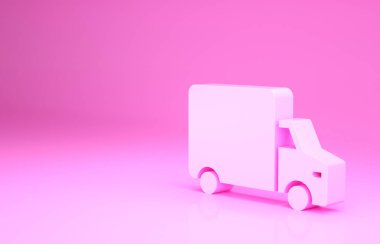 Pembe kargo kamyonu ikonu pembe arka planda izole edilmiş. Minimalizm kavramı. 3d illüstrasyon 3B canlandırma.