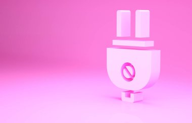 Pembe elektrik prizi simgesi pembe arkaplanda izole edilmiş. Bağlantı kavramı ve elektriğin kesilmesi. Minimalizm kavramı. 3d illüstrasyon 3B canlandırma.