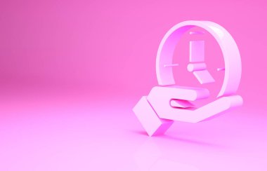 Pembe Saat simgesi pembe arkaplanda izole edilmiş. Zaman sembolü. Minimalizm kavramı. 3d illüstrasyon 3B canlandırma.