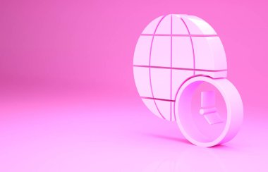 Pembe Dünya zaman ikonu pembe arka planda izole edilmiş. Saat ve küre. Minimalizm kavramı. 3d illüstrasyon 3B canlandırma.