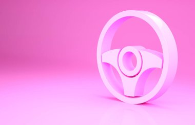 Pembe direksiyon ikonu pembe arka planda izole edilmiş. Araba tekeri ikonu. Minimalizm kavramı. 3d illüstrasyon 3B canlandırma.