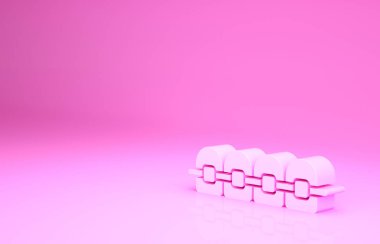 Pembe arkaplanda izole edilmiş diş teli simgesi olan pembe dişler. Diş ısırığının hizası, diş telli sıra. Diş konsepti. Minimalizm kavramı. 3d illüstrasyon 3B canlandırma.