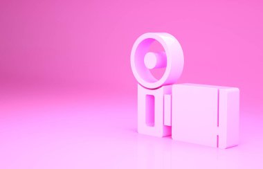 Pembe sinema kamera ikonu pembe arkaplanda izole edilmiş. Video kamera. Film tabelası. Film projektörü. Minimalizm kavramı. 3d illüstrasyon 3B canlandırma.