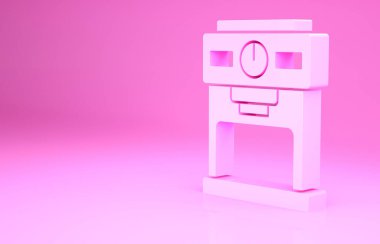 Pembe kahve makinesi ikonu pembe arka planda izole edilmiş. Minimalizm kavramı. 3d illüstrasyon 3B canlandırma.