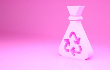 Pembe arka planda geri dönüşüm sembolü olan pembe çöp torbası. Çöp kutusu simgesi. Geri dönüşüm sepeti işareti. Minimalizm kavramı. 3d illüstrasyon 3B canlandırma.