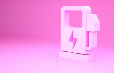 Pembe elektrikli araba şarj istasyonu ikonu pembe arka planda izole edilmiş. Eko elektrik yakıt pompası tabelası. Minimalizm kavramı. 3d illüstrasyon 3B canlandırma.