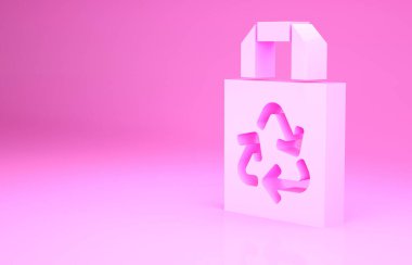 Pembe kağıttan alışveriş torbası, pembe arka planda izole edilmiş geri dönüşüm ikonu. Geri dönüşüm sembollü çanta. Minimalizm kavramı. 3d illüstrasyon 3B canlandırma.