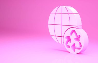 Pembe Gezegen Dünyası ve pembe arka planda izole edilmiş bir geri dönüşüm ikonu. Çevresel konsept. Minimalizm kavramı. 3d illüstrasyon 3B canlandırma.