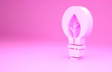 Pembe arkaplanda yaprak simgesi olan pembe ampul. Çevre enerjisi kavramı. Alternatif enerji kavramı. Minimalizm kavramı. 3d illüstrasyon 3B canlandırma.