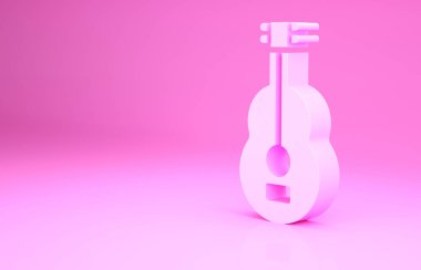 Pembe İspanyol gitar ikonu pembe arka planda izole edilmiş. Akustik gitar. Telli müzik aleti. Minimalizm kavramı. 3d illüstrasyon 3B canlandırma.