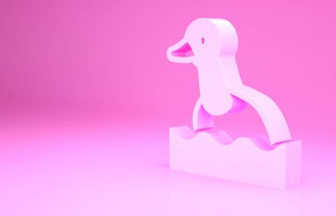 Pembe uçan ördek ikonu pembe arka planda izole edilmiş. Minimalizm kavramı. 3d illüstrasyon 3B canlandırma.