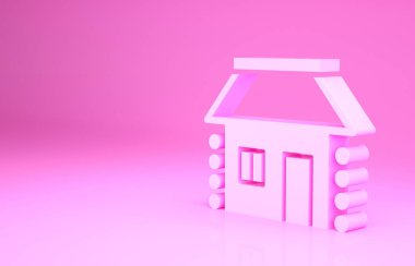 Pembe eski Ukrayna ev kulübesi ikonu pembe arka planda izole edilmiş. Geleneksel köy evi. Minimalizm kavramı. 3d illüstrasyon 3B canlandırma.