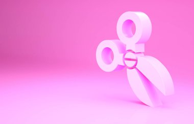 Pembe makas simgesi pembe arkaplanda izole edilmiş. Alet kesme işareti. Minimalizm kavramı. 3d illüstrasyon 3B canlandırma.
