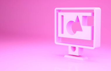 Pembe Bilgisayar ekran simgesi pembe arkaplanda izole edildi. Elektronik cihaz. Ön manzara. Minimalizm kavramı. 3d illüstrasyon 3B canlandırma.