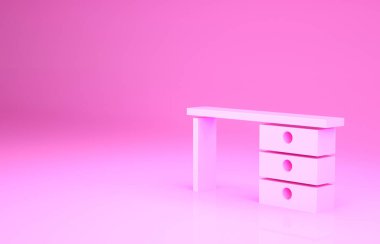 Pembe ofis masa simgesi pembe arka planda izole edilmiş. Minimalizm kavramı. 3d illüstrasyon 3B canlandırma.