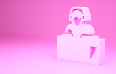 Pembe DJ, kayıt güvertesi simgesi önünde kulaklık takıyor. Pembe arka planda izole edilmiş. DJ müzik çalıyor. Minimalizm kavramı. 3d illüstrasyon 3B canlandırma.