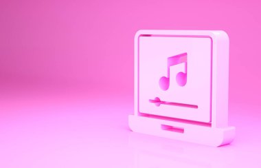 Pembe dizüstü bilgisayar, üzerinde müzik notası sembolü olan pembe arkaplanda izole edilmiş ekran simgesi. Minimalizm kavramı. 3d illüstrasyon 3B canlandırma.