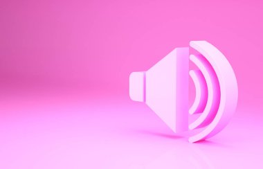 Pembe hoparlör sesi, ses sembolü, pembe arkaplanda izole edilmiş medya müzik ikonu. Minimalizm kavramı. 3d illüstrasyon 3B canlandırma.