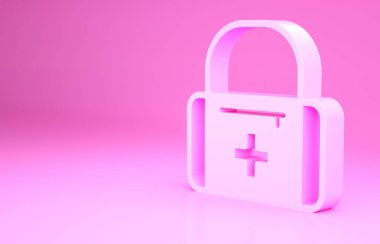 Pembe ilk yardım çantası simgesi pembe arka planda izole edilmiş. Haçlı sağlık kutusu. Acil durumlar için tıbbi ekipman. Sağlık sigortası konsepti. Minimalizm kavramı. 3d illüstrasyon 3B canlandırma.