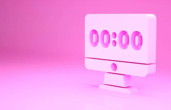 Pink Clock Computer Monitor Scherm Pictogram Geïsoleerd Roze Achtergrond Plan — Stockfoto