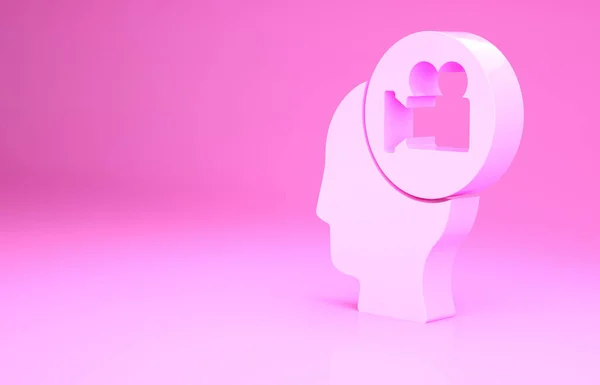 粉色头部与相机图标隔离在粉红色背景 摄像机 电影标志 电影放映机最低纲领的概念 3D渲染3D插图 — 图库照片