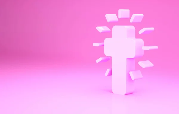 Pink Christian Cross Icon Isolated Pink Background Church Cross Minimalism — Stock Photo, Image