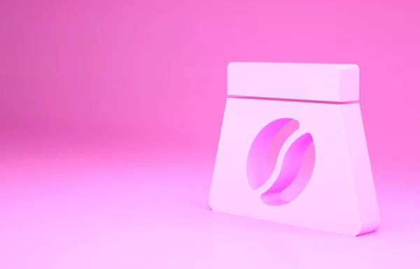 ピンクの背景にコーヒー豆のアイコンのピンクのバッグ 最小限の概念 3Dイラスト3Dレンダリング — ストック写真