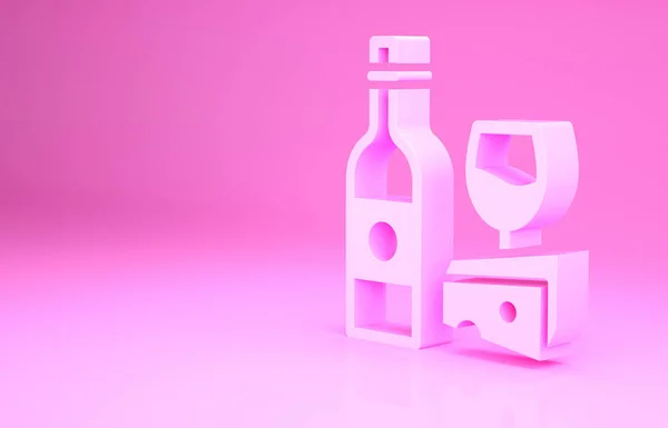 Roze Wijnfles Met Glas Kaas Pictogram Geïsoleerd Roze Achtergrond Romantisch — Stockfoto