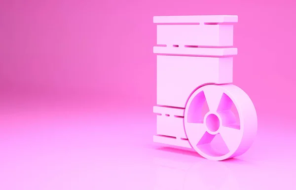 Pink Radioactive waste in barrel icon isolated on pink background. Toxic refuse keg. Radioactive garbage emissions, environmental pollution. Minimalism concept. 3d illustration 3D render.