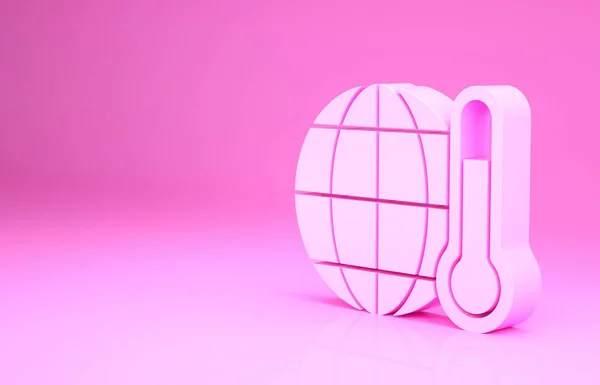 Pink Planet earth melting to global warming icon isolated on pink background. Ecological problems and solutions - thermometer. Minimalism concept. 3d illustration 3D render.