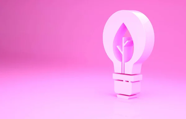 Rosa Glühbirne Mit Blattsymbol Isoliert Auf Rosa Hintergrund Ökoenergiekonzept Alternatives — Stockfoto