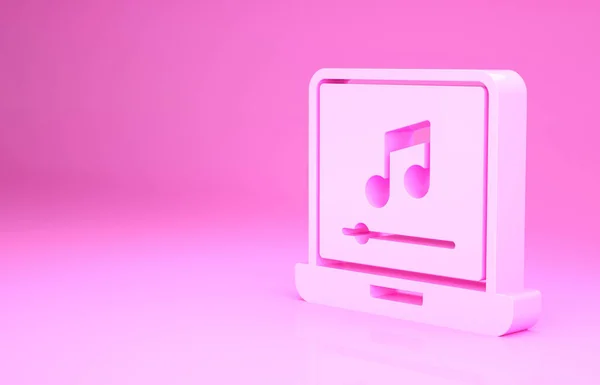 Pink Laptop with music note symbol on screen icon isolated on pink background. Minimalism concept. 3d illustration 3D render.