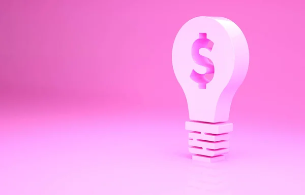 Pink Light bulb with dollar symbol icon isolated on pink background. Money making ideas. Fintech innovation concept. Minimalism concept. 3d illustration 3D render.