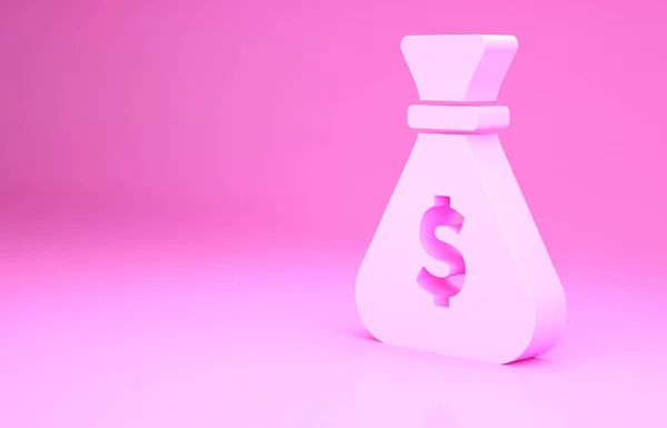 Pink Money bag icon isolated on pink background. Dollar or USD symbol. Cash Banking currency sign. Minimalism concept. 3d illustration 3D render.