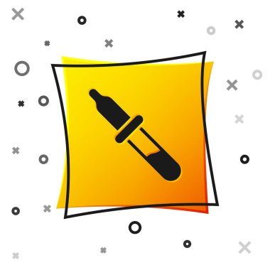 Siyah Pipette simgesi beyaz arkaplanda izole edildi. Tıbbi elementler, kimya laboratuarı ekipmanları. Tıp sembolü. Sarı kare düğme. Vektör.